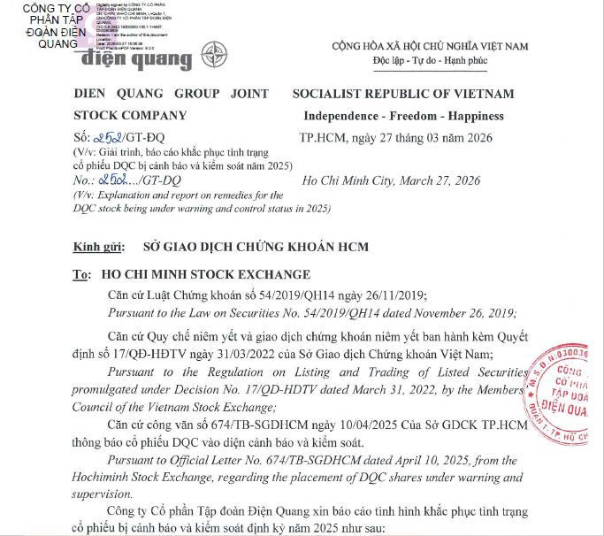 Tập đoàn Điện Quang giải trình, báo cáo khắc phục tình trạng cổ phiếu bị cảnh báo và kiểm soát năm 2025